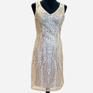 Vintage Glam Sue Wong Y2K Gold Champagne Beaded Embroidered Cocktail Dress Small